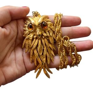 VINTAGE | Massive Gold Costume Owl w Amber Eyes Unsigned OOAK